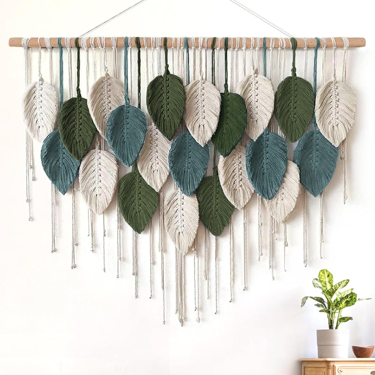 Macrame Wall Hanging Large Boho Home Decor, Bohemian Leaves Tapestry Modern Handmade Yarn Woven Feather Leaf Chic Wall Art Decorations for Bedroom Living Room Nursery Backdrop 39" W X 29.5" L